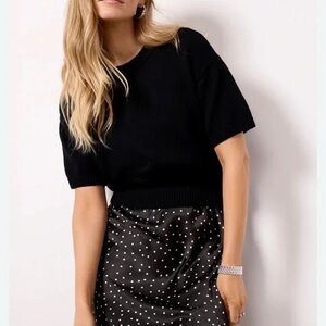 Black Short-Sleeve Sweater Knit Dress with Polka Dot Skirt